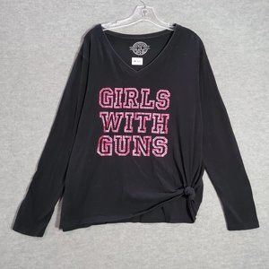 Girls With Guns‎ Women Shirt 2X Black Logo Rhinestones Long Sleeve Tee